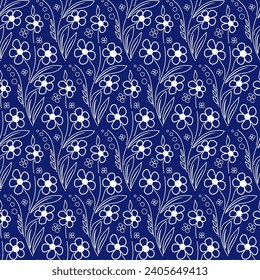 Wild flowers seamless pattern in ethnic style. Blue folk floral background. Vector illustration for wallpaper, giftpapers, textile, design projects.