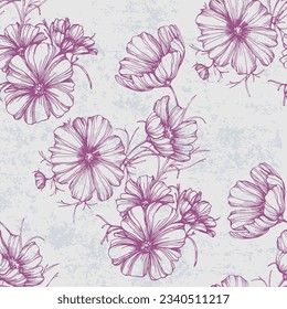 Flores silvestres Kosmeya patrón sin foco. Patrón floral. Fondo de planta para moda, tapices, huellas. Diseño floral moderno perfecto para la moda y la decoración
