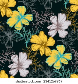 Wilde Blumen Nahtlose Muster, wie man es schaut. Blumenmuster. Pflanzenhintergrund für Mode, Tapisserien, Drucke. Modernes Blumendesign perfekt für Mode und Dekoration
