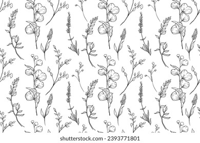 Wild flowers seamless pattern, line art, vintage, stripes,linesbanner background.seamless ornament.