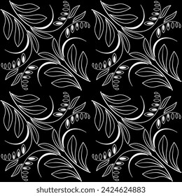 Wild flowers seamless pattern. Monochrome floral white design on black background. Kaleidoscope plant ornament. Vector illustration for wallpaper, giftpapers, textile, design projects and cards.