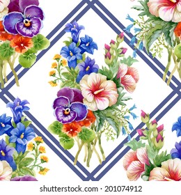 Wild flowers seamless pattern on rhombus background vector