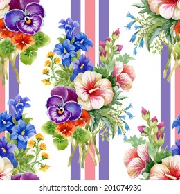 Wild flowers seamless pattern on line background vector