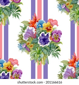Wild flowers seamless pattern on line background vector