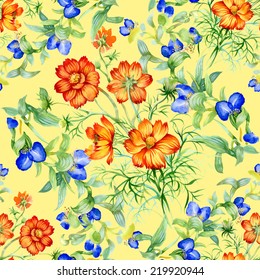 Wild flowers seamless pattern on yellow background vector illustration