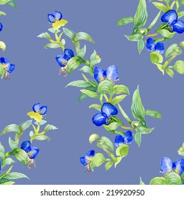 Wild flowers seamless pattern on blue background vector illustration