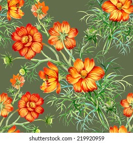 Wild flowers seamless pattern on green background vector illustration