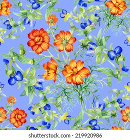Wild flowers seamless pattern on blue background vector illustration
