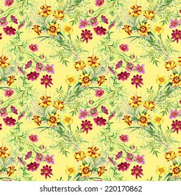 Wild flowers seamless pattern on yellow background vector illustration