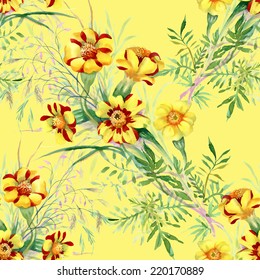 Wild flowers seamless pattern on yellow background vector illustration