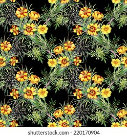Wild flowers seamless pattern on black background vector illustration