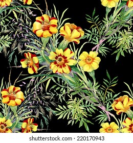 Wild flowers seamless pattern on black background vector illustration