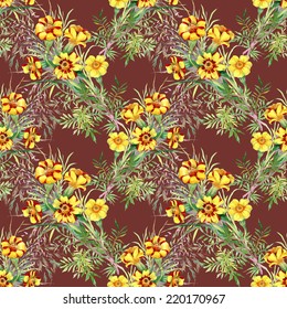Wild flowers seamless pattern on brown background vector illustration