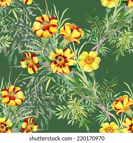 Wild flowers seamless pattern on green background vector illustration