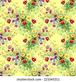 Wild flowers seamless pattern on yellow background vector illustration