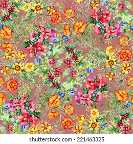 Wild flowers seamless pattern on orange background vector illustration