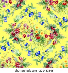 Wild flowers seamless pattern on yellow background vector illustration