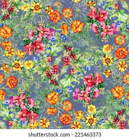 Wild flowers seamless pattern on blue background vector illustration
