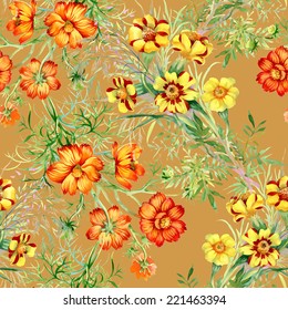 Wild flowers seamless pattern on orange background vector illustration