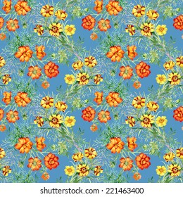Wild flowers seamless pattern on blue background vector illustration