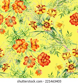 Wild flowers seamless pattern on yellow background vector illustration