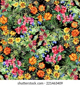 Wild flowers seamless pattern on black background vector illustration