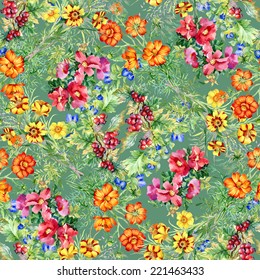 Wild flowers seamless pattern on green background vector illustration