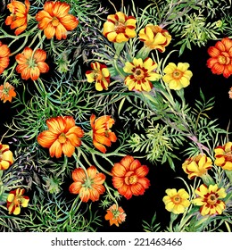 Wild flowers seamless pattern on black background vector illustration