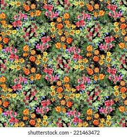 Wild flowers seamless pattern on black background vector illustration