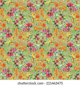 Wild flowers seamless pattern on beige background vector illustration