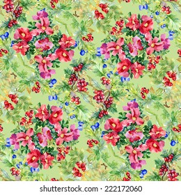 Wild flowers seamless pattern on green background vector illustration