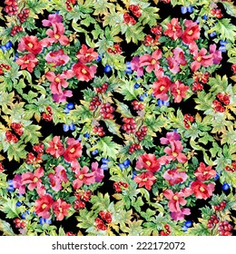 Wild flowers seamless pattern on black background vector illustration