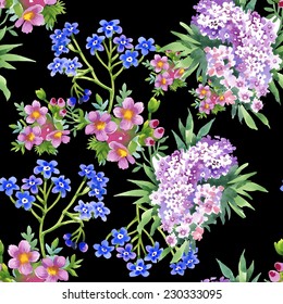 Wild flowers seamless pattern on black background vector illustration