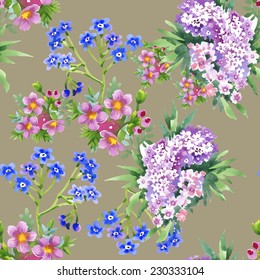 Wild flowers seamless pattern on beige background vector illustration