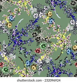 Wild flowers seamless pattern on green background vector illustration