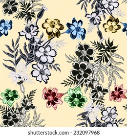 Wild flowers seamless pattern on yellow background vector illustration