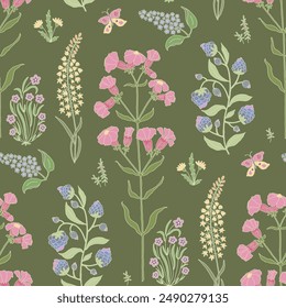 Wild flowers seamless pattern on dark green background. Suitable for wallpaper, fabric, or other decorative applications.