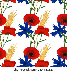 Wild flowers seamless pattern. Red poppy flowers, blue cornflowers, herbs.