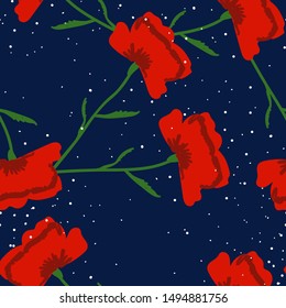 Wild flowers seamless pattern. Red poppy flowers, blue cornflowers, herbs.
