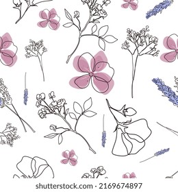 Wild flowers seamless pattern for stikers, banners, cards, background, textile. Vector botanical one line illustration.