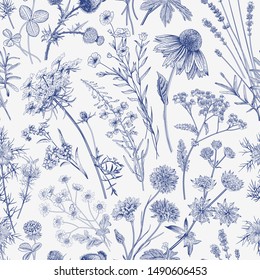 Wild flowers. Seamless pattern. Vector vintage classic illustration. Blue and white
