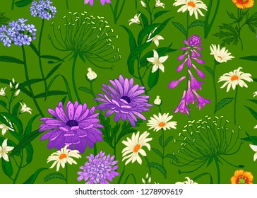 Wild flowers. Seamless summer pattern with chamomile, herbs, bells. Floral green background for printing on wallpaper, paper, textiles, fabrics. Hand drawing sketch.  Fashion illustration.