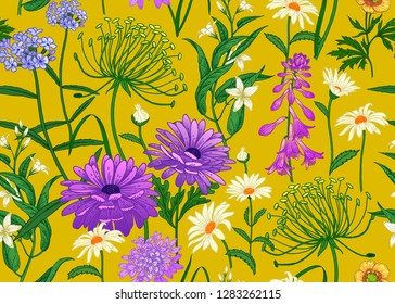 Wild flowers. Seamless summer pattern with chamomile, herbs, bells. Floral yellow background for printing on wallpaper, paper, textiles, fabrics. Hand drawing sketch.  Fashion illustration.