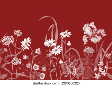Border with Wild flowers. Seamless summer pattern with field flowers. Floral background for printing wallpaper, paper, textiles, fabrics. Hand drawing sketch. Fashion illustration. Red and white