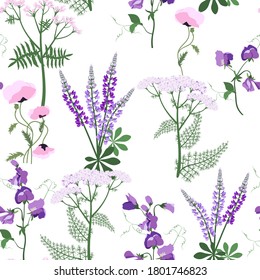 Flores silvestres. Patrón veraniego sin foco con lupino, adormidera, yarrow y guisante dulce. Fondo blanco floral para la impresión en papel pintado, papel, textiles, tejidos. Ilustración vectorial.