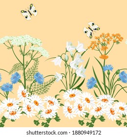 Wild flowers. Seamless summer pattern with cornflowers, chamomile, herbs, bells and butterfly. Floral yellow background for printing on wallpaper, paper, textiles, fabrics. Vector illustration.