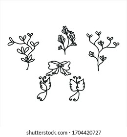 Wild Flowers. Set. Vintage flowers. Black and white illustration in the style of engravings.Herbs and twigs set. Vector illustration freehand drawing.