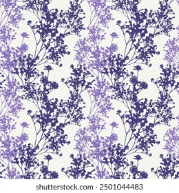 Wild flowers silhouettes on light background. Vector seamless pattern. Cute elegant floral background for home textiles, interiors, linens, cotton fabric, scrap book, wrapping paper.