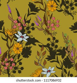 Wild flowers and silhouettes seamless design  for textile. 
