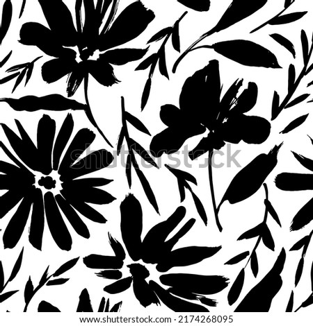 Wild flowers silhouettes vector seamless pattern. Camomile or daisy painted by brush. Small branches with leaves, stems with flowers. Abstract plant motif. Black brush painted floral ornament. 